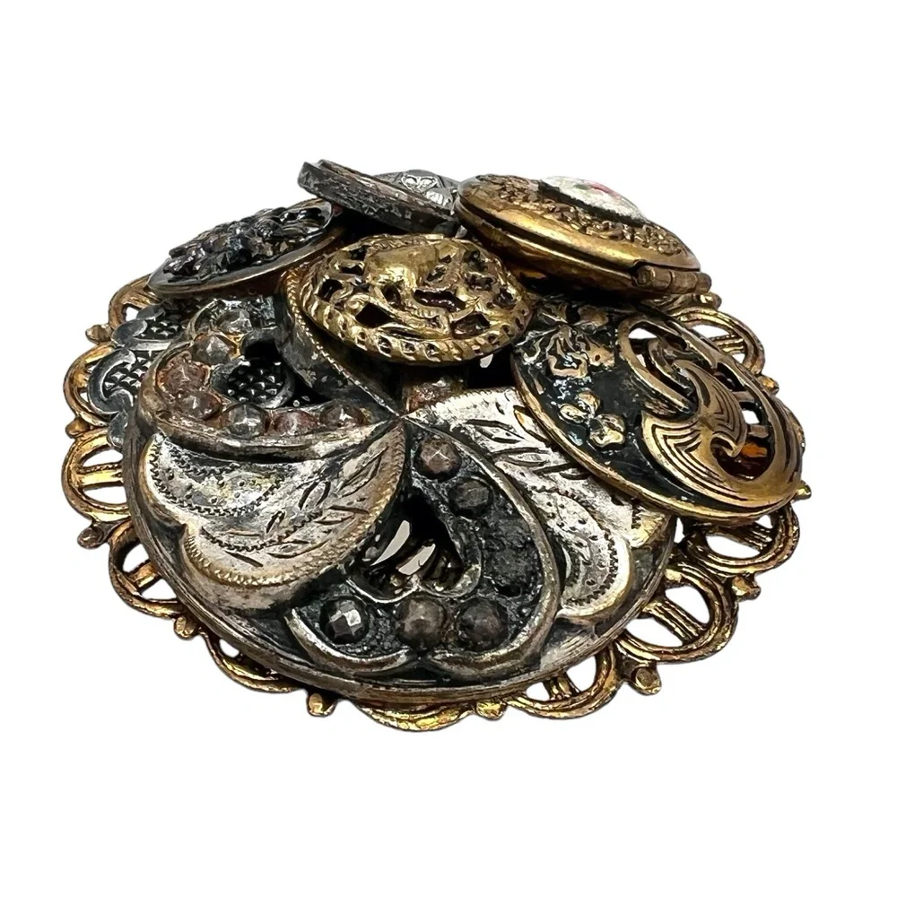 VINTAGE 3D BROOCH WITH WORKING LOCKET, HEARTS, & BUTTONS - NO PIN